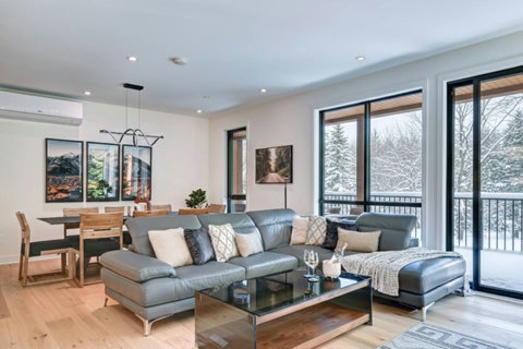 Bright modern living space with cozy seating and scenic snowy views