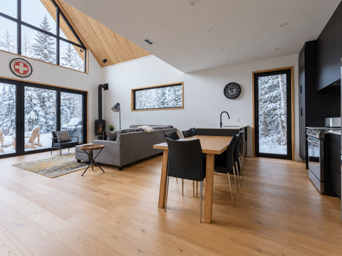 Bright modern cabin with soaring windows and snowy forest views