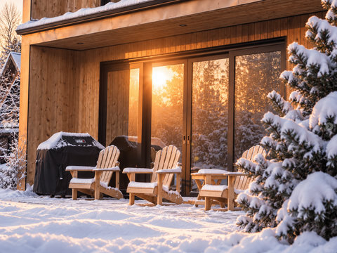 Snowy patio with Adirondack chairs, grill, and glowing sunset views