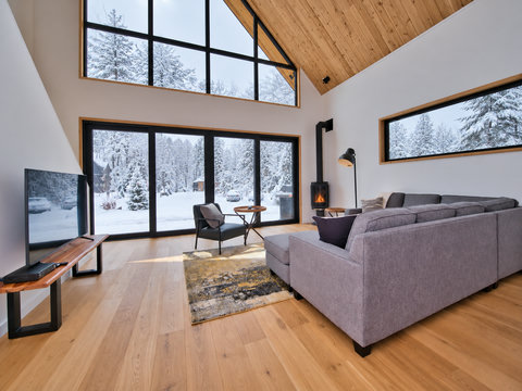 Vaulted living room with panoramic snowy views and cozy wood stove