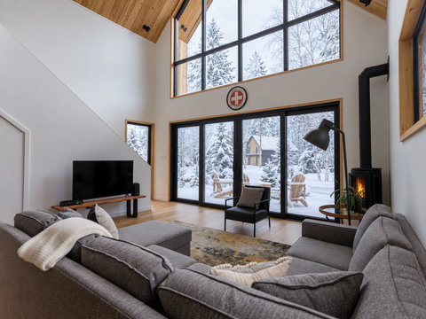 Vaulted great room with fireplace, huge windows, and serene snowy views