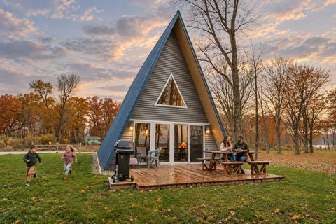 A-Frame Cabin Front Cozy Autumn Sunset