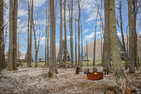 first snow, fire pit and picnic tables