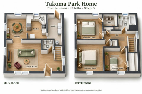 Illustrative 3D floor plan: living, kitchen, laundry and half bath downstairs; three bedrooms and full bath upstairs. Stairs connect both levels. AI-generated from a published plan; proportions and furniture placement are approximate.