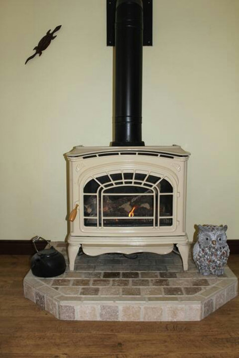 Propane fireplace is the living room.