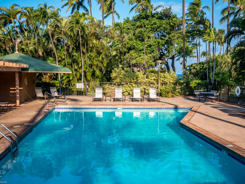 Quiet and relaxing pool area with lots of lounge chairs and bbq nearby.
