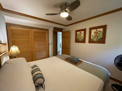 Master bedroom. King-sized bed. New for 2026: Quiet AC System installed in both bedrooms.