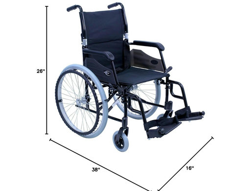 Seat Width: 18" x 16", Fixed armrest. Overall Length : 28 inch. Folded Height 29 inch
Swing In/Away Removable Footrest, Adjustable Height Footplates with heel loops
Folding backrest and folding seat for easy traveling
incorporates handbrakes