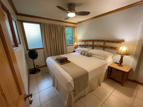 Master bedroom. King-sized bed. New for 2026: Quiet AC System installed in both bedrooms.
