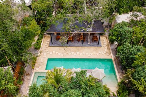 Aerial view of the backyard showcasing a stunning pool, lounge areas, and a stylish open-air dining space nestled in lush greenery.