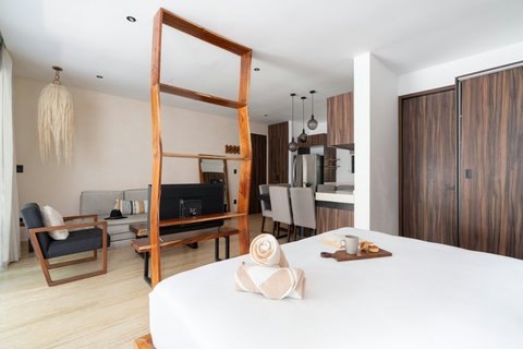 The second bedroom is directly connected to the living area, this space can function like an independent apartment with its own kitchen, bathroom and living area. This space is actually perfect for larger families or groups of friends looking for the