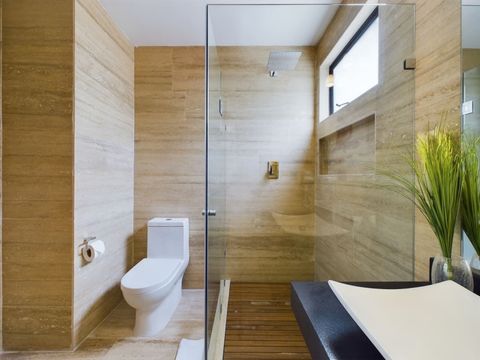 Experience luxury in the master bathroom, featuring a deluxe rain shower, private toilet enclave, and a generously sized sink for your convenience.