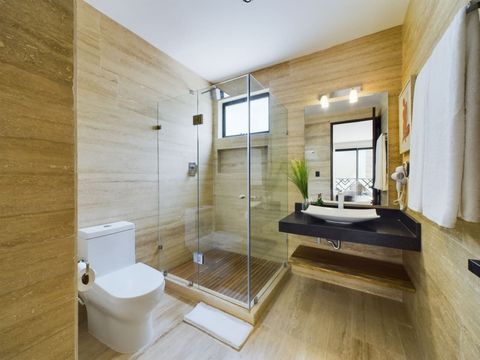 Experience luxury in the bathroom featuring a spacious rain shower, a separate toilet area, and a generously sized sink for your comfort and convenience.