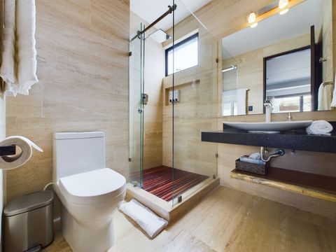 Experience lavishness in the master bathroom, featuring a deluxe rain shower, private toilet enclave, and a generously sized sink. Luxury meets functionality for your comfort.