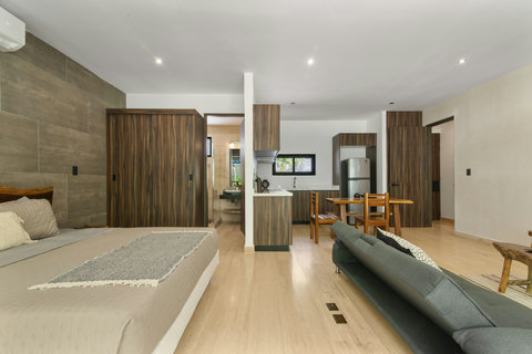 Modern open-concept apartment with king bed, full kitchen, smart TV, dining area, and sleek wood finishes. Includes A/C, spacious closets, and bathroom with walk-in shower. Ideal Tulum escape!