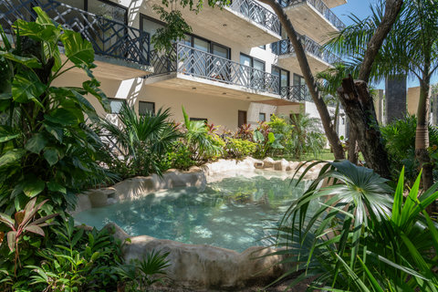 Tropical garden view with a natural-style pool surrounded by palm trees and lush plants—an inviting oasis to relax and cool off.