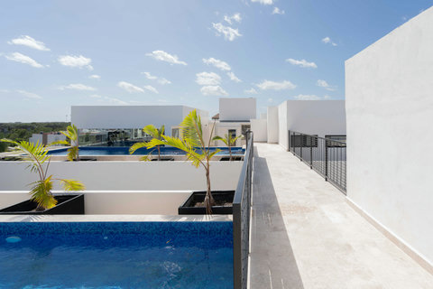 Shared rooftop with a modern vibe, sleek pool, and tropical accents. Enjoy sun-soaked relaxation, gentle breezes, and open views in this stylish, serene outdoor space.
