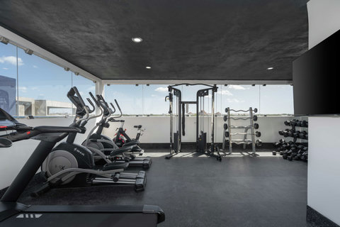 Modern rooftop gym equipped with cardio machines, free weights, and strength stations. Enjoy your workout with panoramic views and fresh air in a bright, open space designed for motivation and comfort.