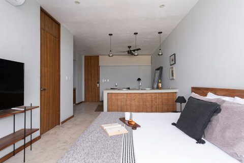 This modern studio offers a plush bed, chic wood accents, and a crisp 50" TV, creating a cozy, contemporary retreat with everything you need within reach.