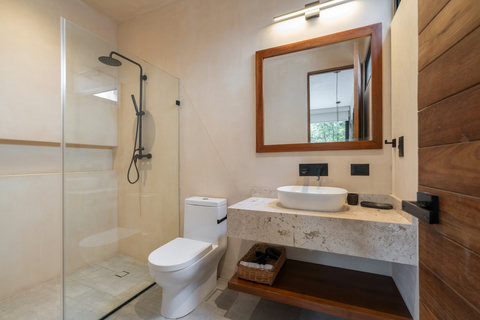 Elegant full bathroom featuring a spacious walk-in shower with a rainfall showerhead and glass partition. A sleek stone countertop, vessel sink, and wooden-framed mirror add a warm, modern finish.