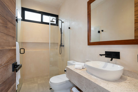 Modern full bathroom with a walk-in shower, rainfall showerhead, and glass divider. Stone countertop, vessel sink, and wood accents create a stylish, minimalist retreat for relaxing in comfort.