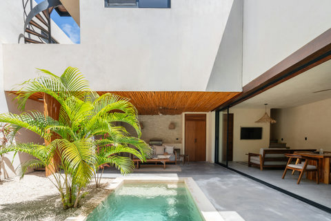 Enjoy a stunning indoor-outdoor retreat featuring a private plunge pool, elegant wooden finishes, and spacious open living areas surrounded by tropical charm and natural light.