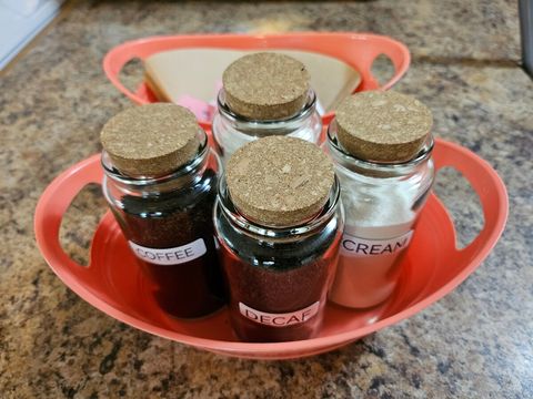 Coffee, Decaf, Creamer, Non-Fat Creamer, Filters, Sugar, and Sweetner