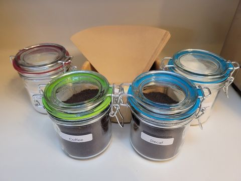 Coffee, Decaf, Cream, Fat-free Cream, Sugar, Sweetener, and Filters