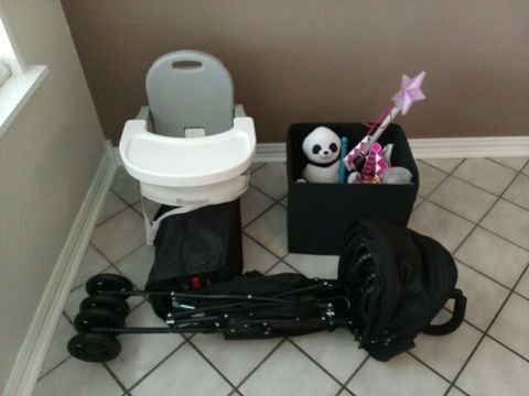 Toys, Portable Highchair, Stroller,  and Playpen in the Family Room