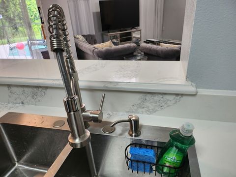 Hand soap, dish detergent, sponge, paper towel, and dish washer tablets for the kitchen.