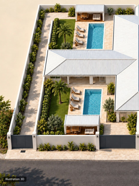 Illustration 3D du duo Orison–Zényte : deux villas distinctes, chacune avec sa piscine. Image illustrative, sans valeur de plan.