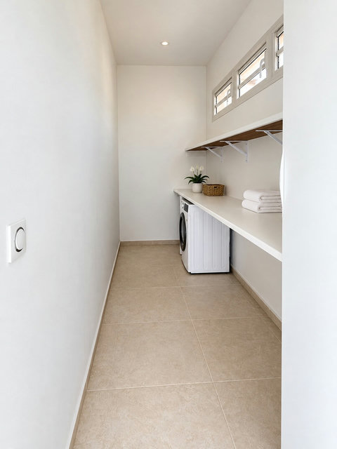Zényte — buanderie avec lave-linge, plan de rangement et étagères pour le linge.