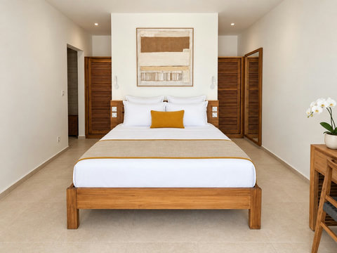 Zényte — Suite 2 climatisée avec lit queen size de 160 × 200 cm, rangements et salle d’eau privative.