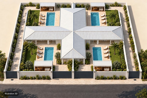 Illustration 3D du Domaine Amara : quatre villas distinctes et quatre piscines privées. Image illustrative, sans valeur de plan.