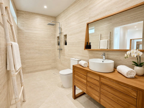 Orore — salle d’eau avec douche, meuble vasque en bois, miroir et toilettes.