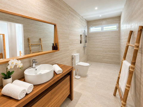 Zényte — vasque, miroir et espace douche dans une salle d’eau aux tons de pierre claire.