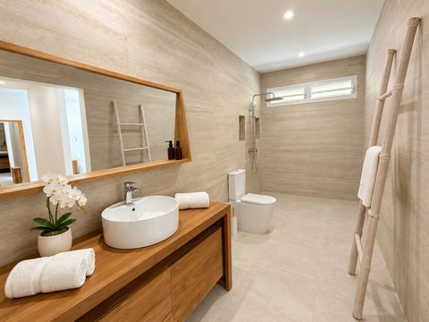 Orore — Salle d’eau privative de la suite 2, avec douche, vasque sur meuble en bois, grand miroir et WC. Les serviettes de bain sont fournies.