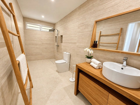 Loona — Salle d’eau privative de la suite 2, avec douche, vasque sur meuble en bois, grand miroir et WC. Les serviettes de bain sont fournies.