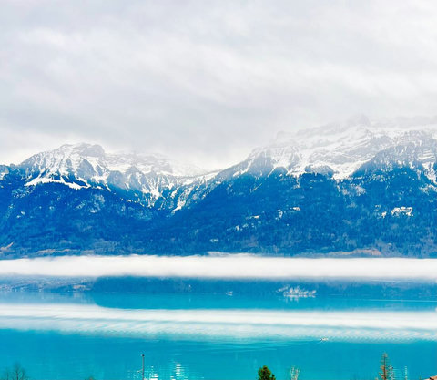 Magical Winter Reflection. ❄️ Witness a serene, unforgettable winter scene where the Swiss Alps meet the clouds. The turquoise Lake Brienz perfectly mirrors the mountains and snow. Experience the cozy majesty of a Swiss Dream Living Christmas escape.