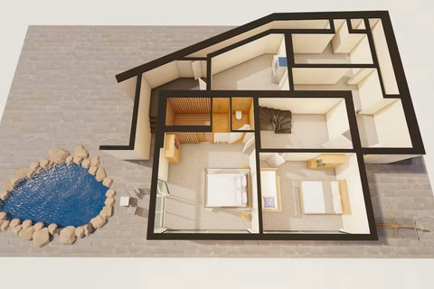Ground floor with wellness suite, 2 bedrooms, garden access, bio-pond, laundry room.