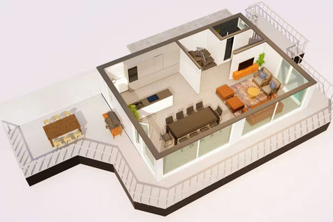 Entry level floor with panoramic living space, luxury kitchen, large terrace with dinning area and BBQ. One guest toilet.