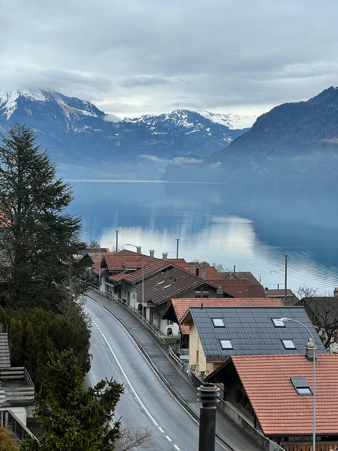 Icy Morning Majesty.  Stunning winter view over the village and Lake Brienz. Witness the quiet, snow-capped beauty of the Swiss Alps from your exclusive vantage point.