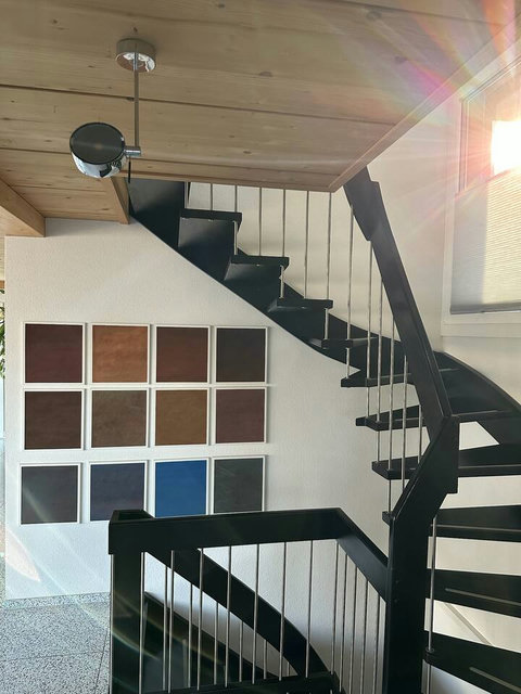Designed with Character.  Admire the custom local artwork gracing our modern staircase—a unique piece commissioned for good luck! The beautiful wood ceilings and contemporary design reinforce the high-end style of Chalet Swiss Dream.