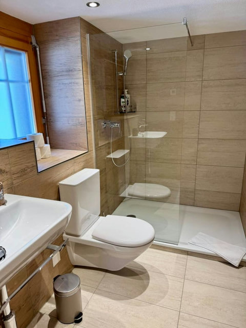Modern walk-in shower bathroom with glass enclosure and contemporary Swiss design