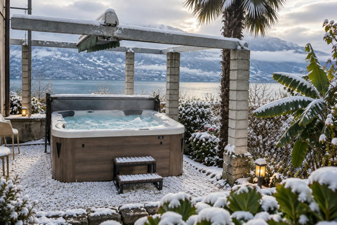 Relax and unwind in the hot tub, surrounded by beautiful winter scenery