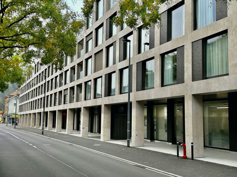 Modern building exterior located on a quiet street in Interlaken West.