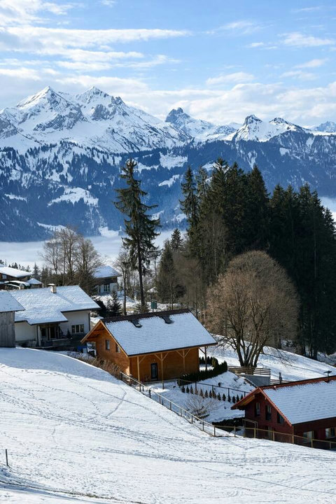 chalet swiss dream retreat with snowy mountains