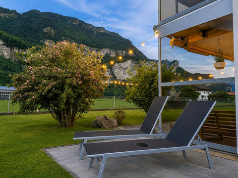Manor 2 garden sunbeds — unwind at golden hour with mountain views, fresh alpine air and peaceful chalet evenings.