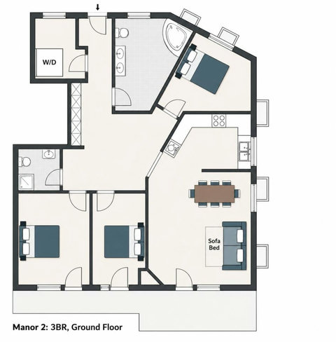 Manor 2 — ground-floor 3-bedroom apartment with step-free access, spacious living, kitchen and easy terrace connection.