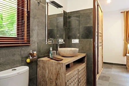 Our stylish bathroom, you will gonna love it! Made of stone, so it is usually cooler. It has spacious shower and strong water pressure, including hot water. Big mirror and lot of space to store amenities.